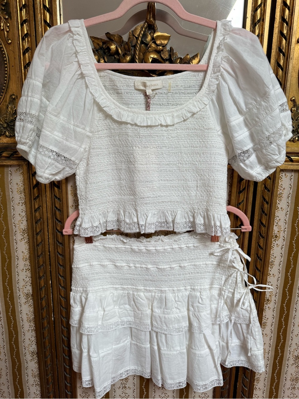 NWT LoveShackFancy Set Molly Top Mira Skirt Smocked Floral Lace Ruffle White XS - Picture 5 of 12